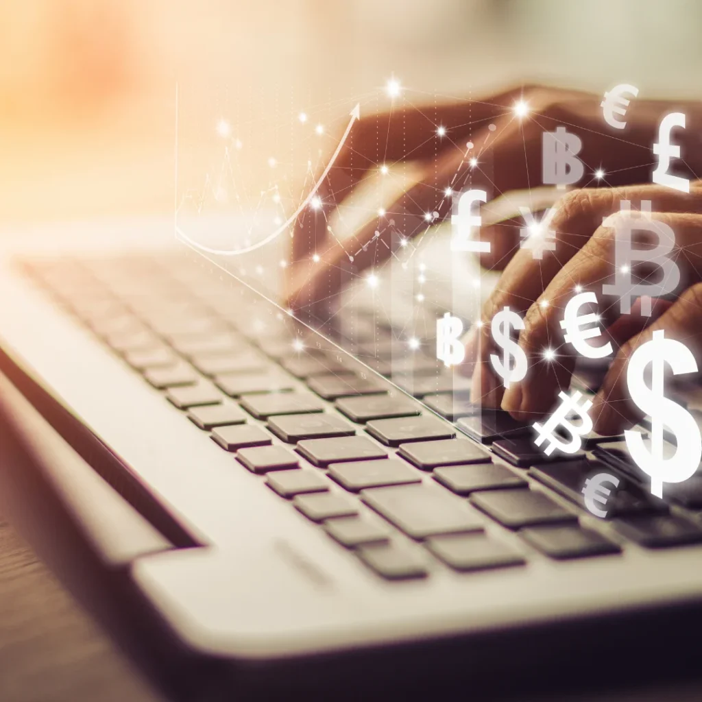 graphic showing keyboard with money symbol animations